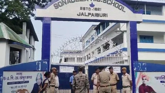 Heightened security outside an exam centre ahead of Bengal’s teacher recruitment test