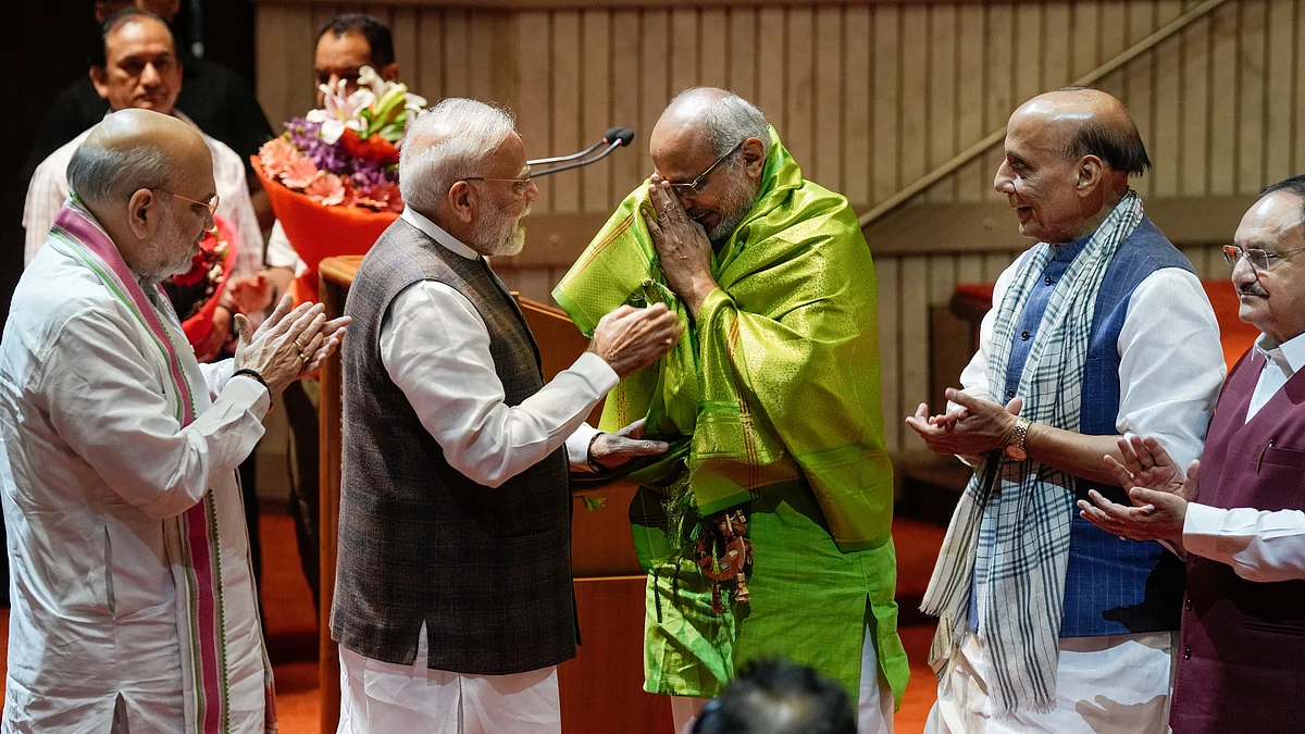 PM Narendra Modi felicitates C.P. Radhakrishnan after the latter's win