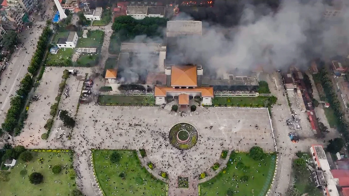 Nepal's Parliament building on fire amid massive anti-government protests, in Kathmandu, 9 Sep