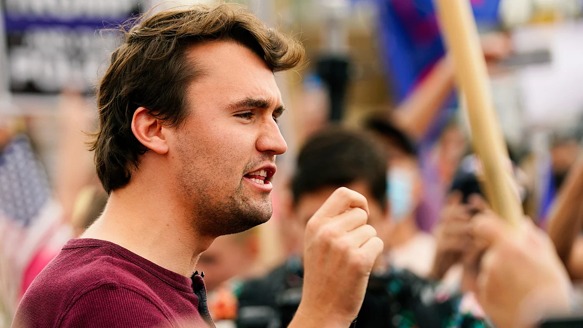 File photo of Charlie Kirk speaking to a Trump supporters' rally in 2020