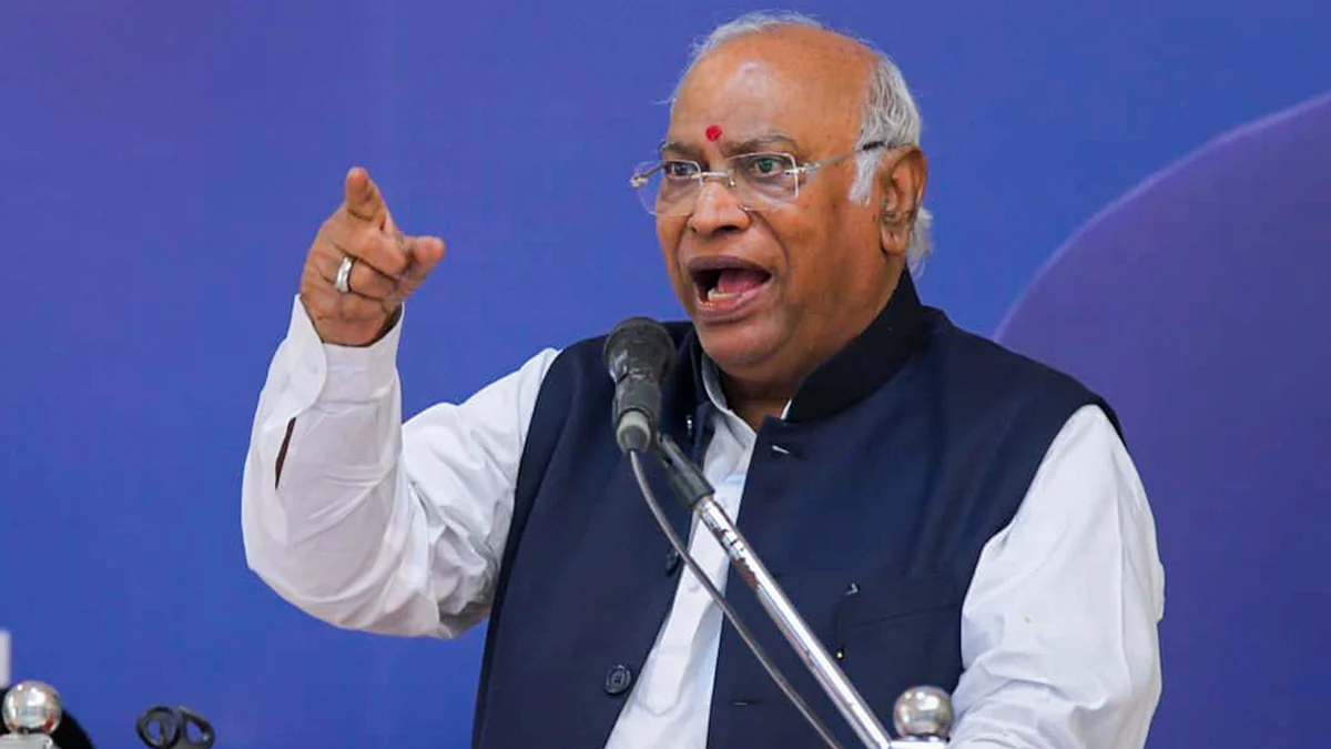 Mallikarjun Kharge addresses a gathering in Junagadh