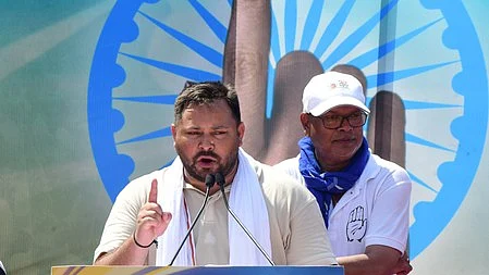 Tejashwi Yadav speaks during a political rally