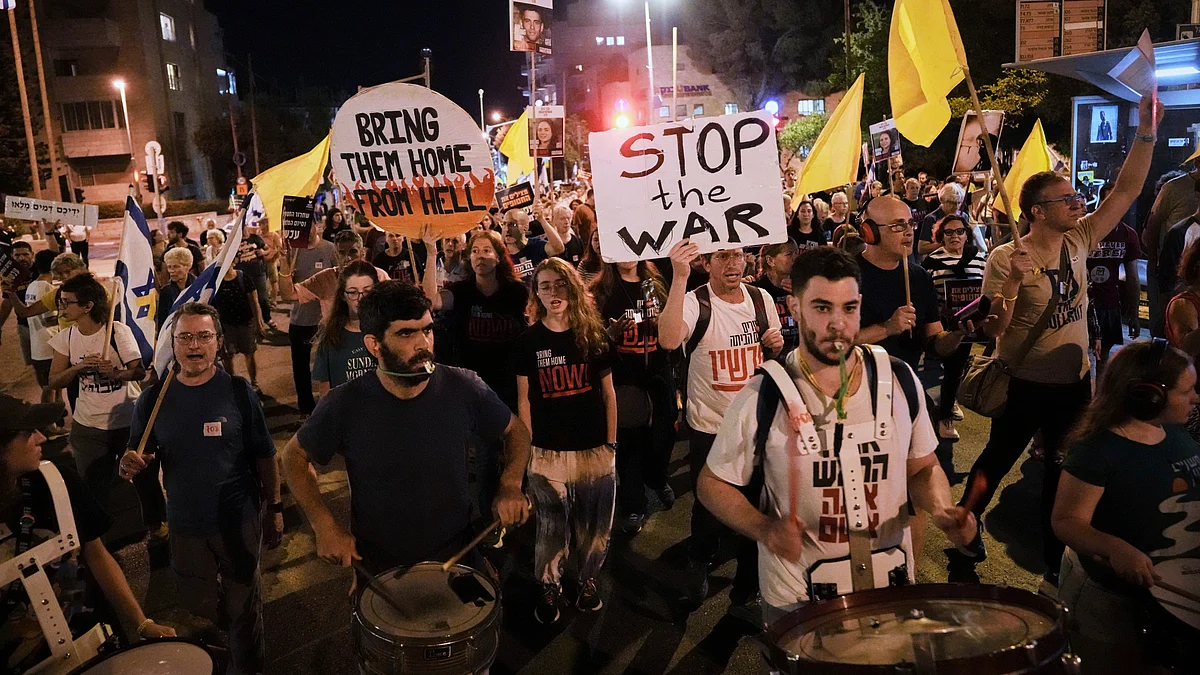 Supporters of Israeli hostages call for their release from Hamas and an end to the war.