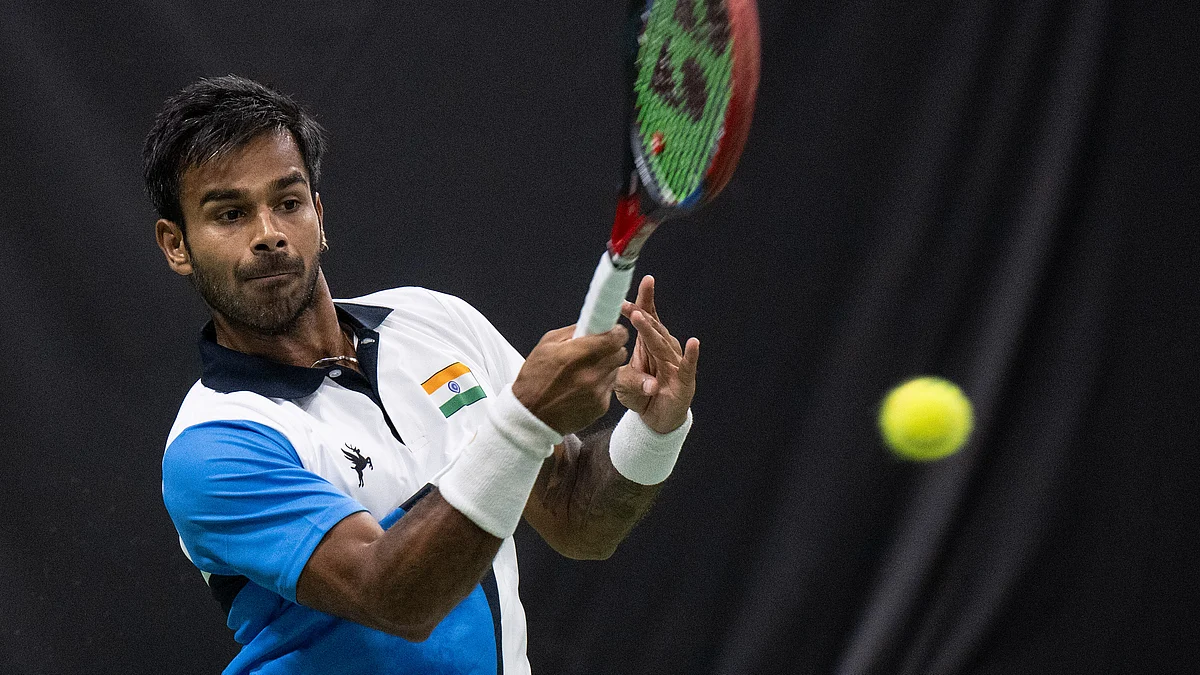 Sumit Nagal in action during Davis Cup World Group I singles in Biel.