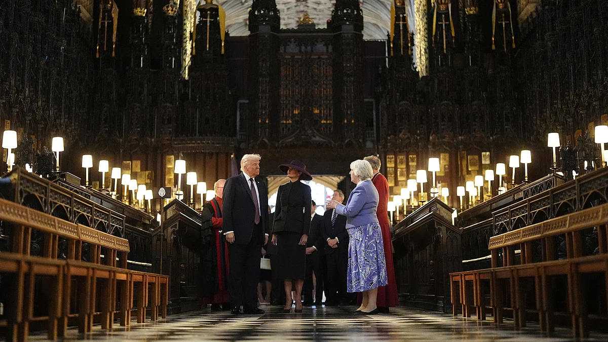 Charlotte Manley greets President Trump and Melania at St George’s Chapel, Windsor.