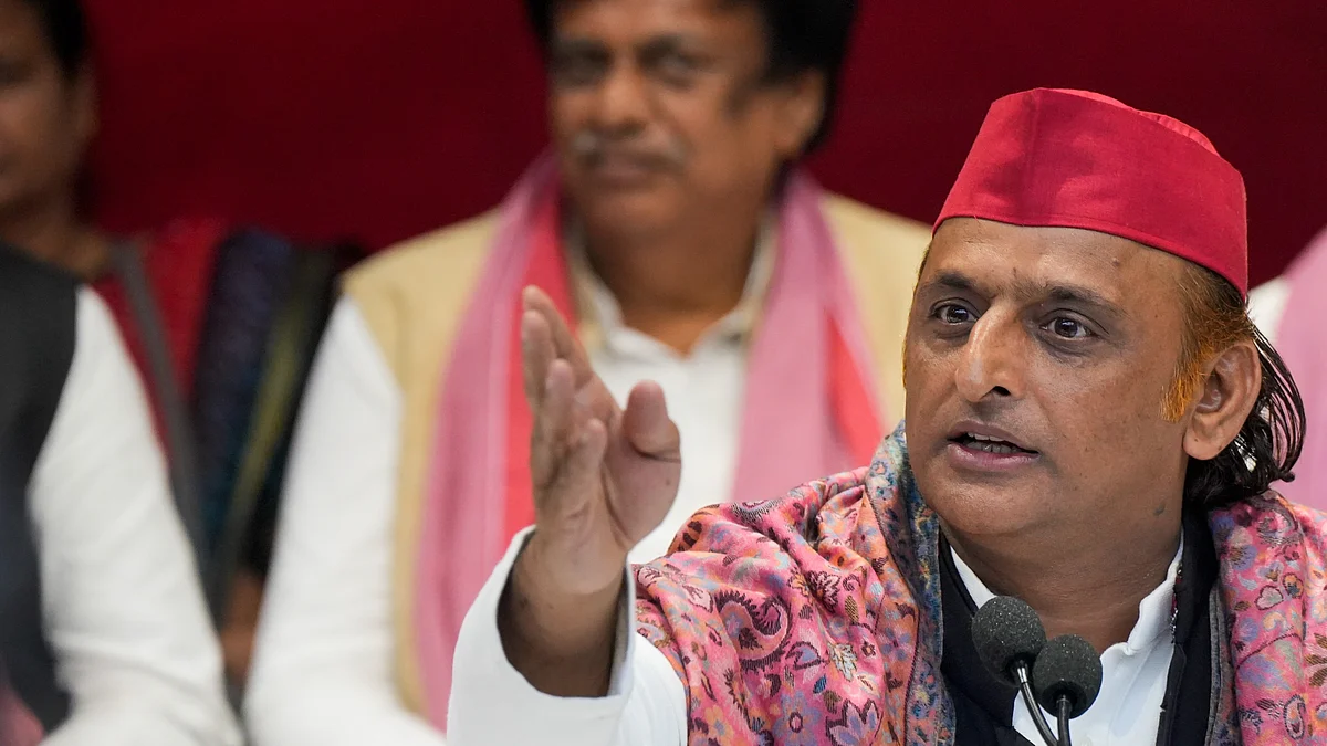 Akhilesh Yadav addresses a press conference in Lucknow