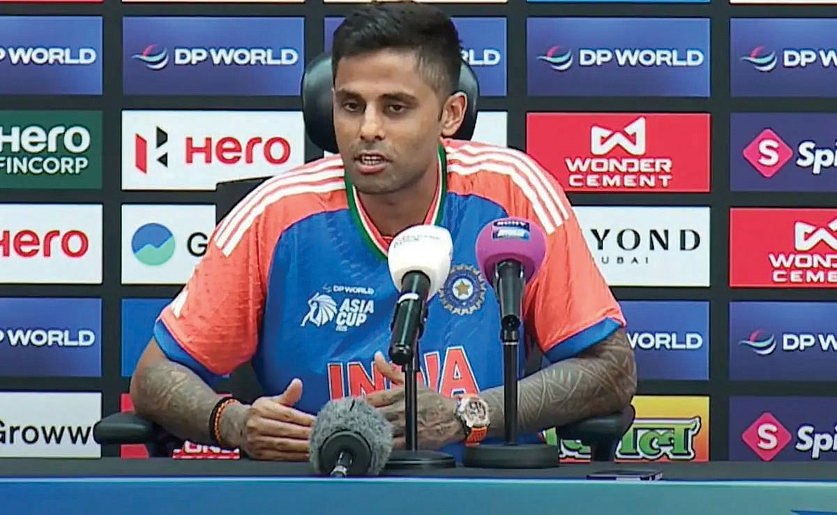India captain Suryakumar Yadav tries to justify the absent handshake at the post-match press conference