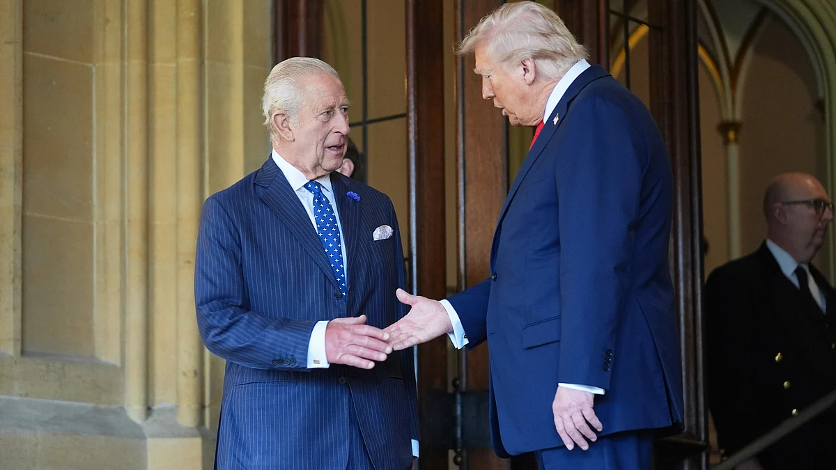 Donald Trump shakes hands with Britain's King Charles III before leaving Windsor Castle, Windsor