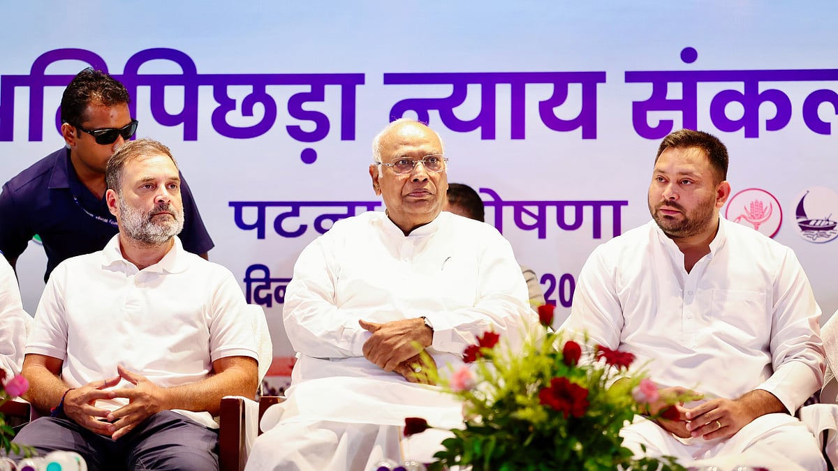L-R: Rahul Gandhi, Mallikarjun Kharge, and Tejashwi Yadav at the launch of 'Ati Pichda Nyay Sankalp'