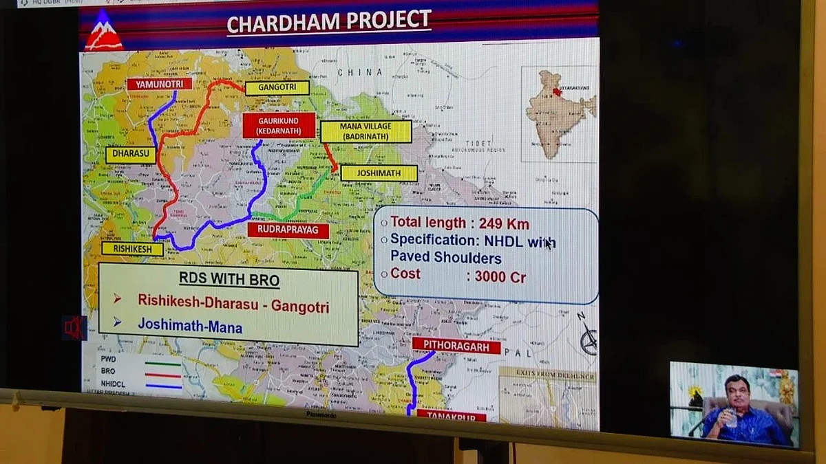 A Char Dham road project presentation being made to Nitin Gadkari