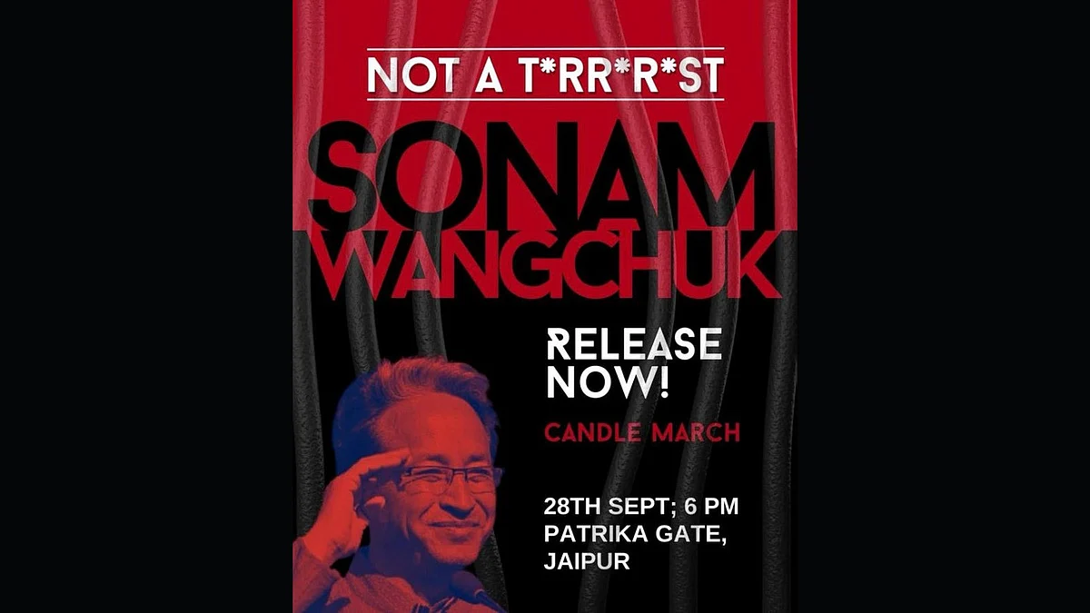 Poster protesting Sonam Wangchuk’s arrest and labelling as a 'terrorist'