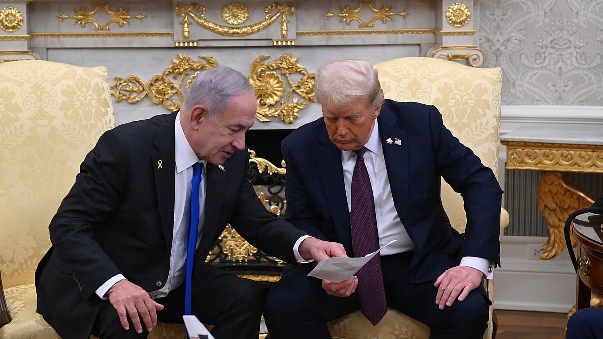 Benjamin Netanyahu and Donald Trump at a joint presser on the Gaza peace plan at the White House 