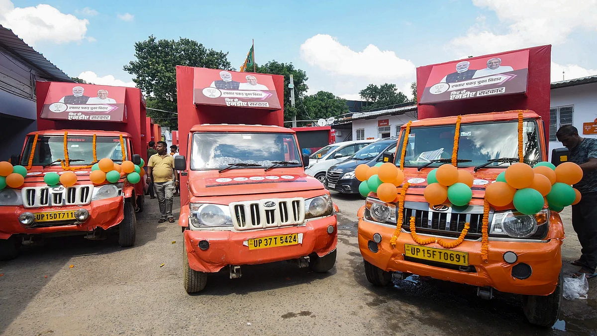 BJP election campaign vehicles parked at the party office in Patna