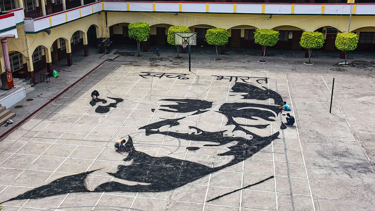 A portrait of Mahatma Gandhi made from charcoal, at a school in Moradabad