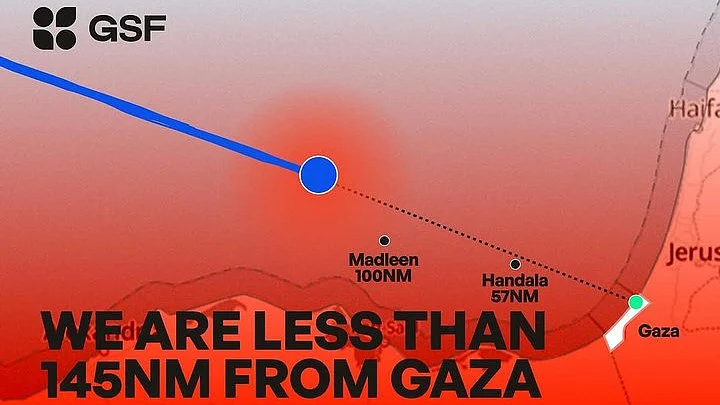 Global Sumud Flotilla’s trajectory as it heads into the Red Zone alongside the Gaza coastline