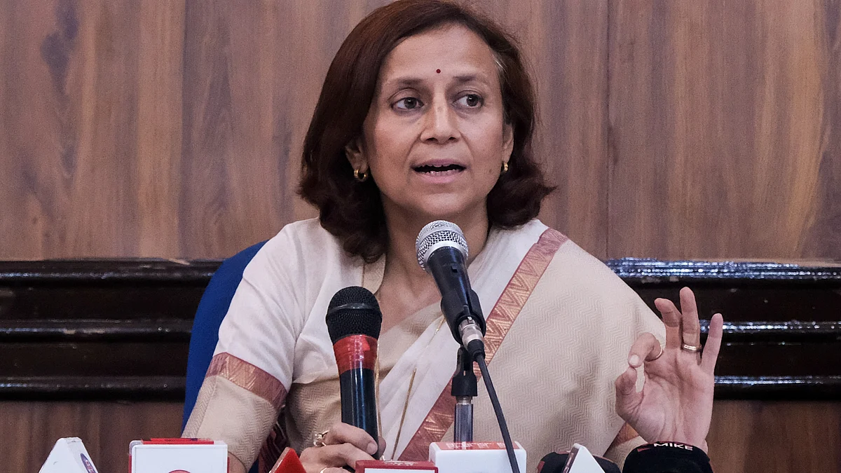 Gitanjali J Angmo, wife of climate activist Sonam Wangchuk, speaks at a press conference in New Delhi.