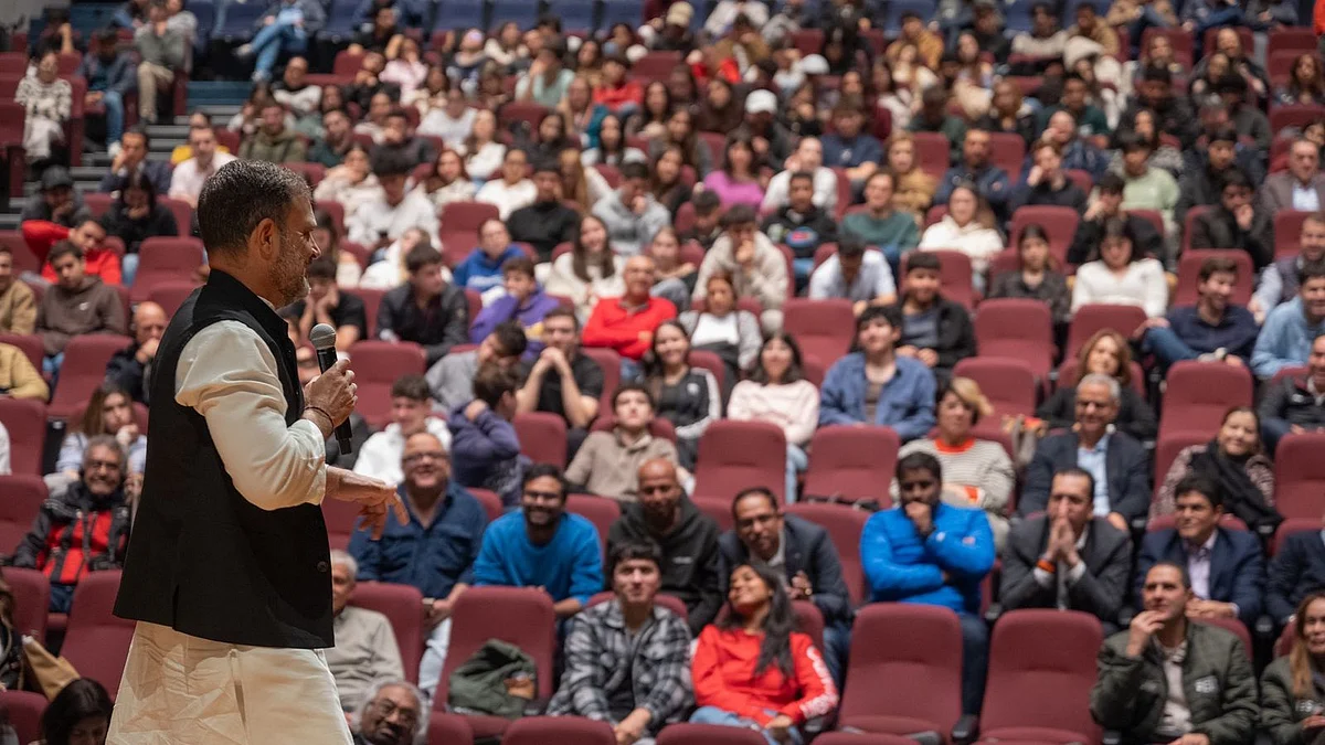 Rahul Gandhi addresses a gathering in Colombia