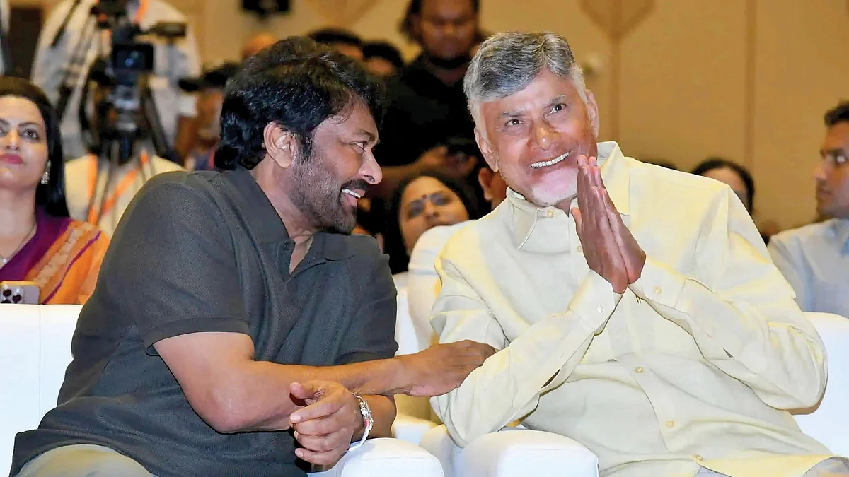 Actor Chiranjeevi with chief minister N. Chandrababu Naidu