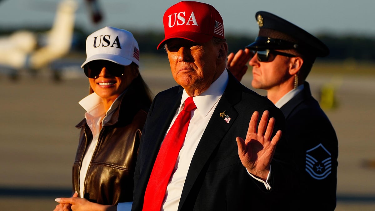 Donald and Melania Trump at Joint Base Andrews for the US Navy's 250th anniversary celebration, 5 Oct