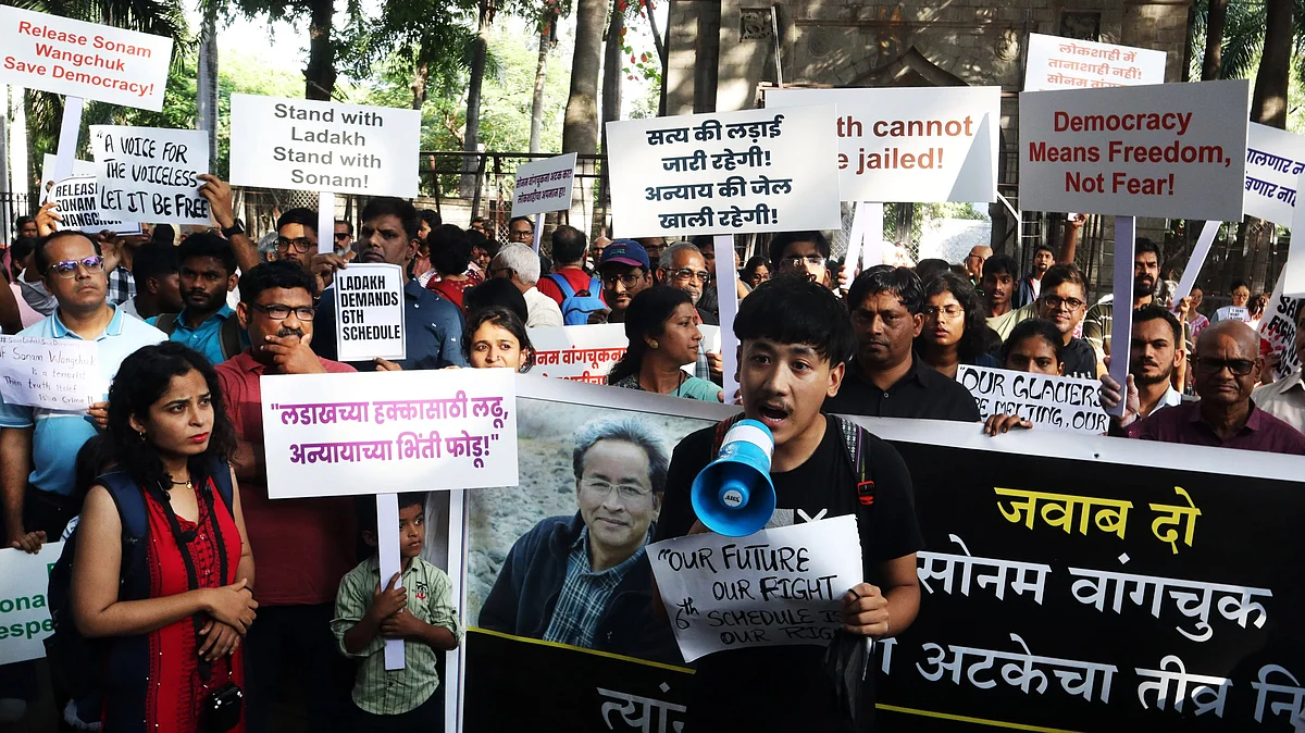 Protesters march demanding the release of climate activist Sonam Wangchuk.