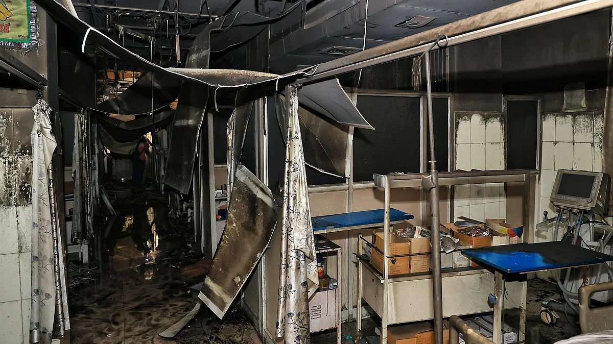Charred remains at SMS Hospital trauma centre in Jaipur.