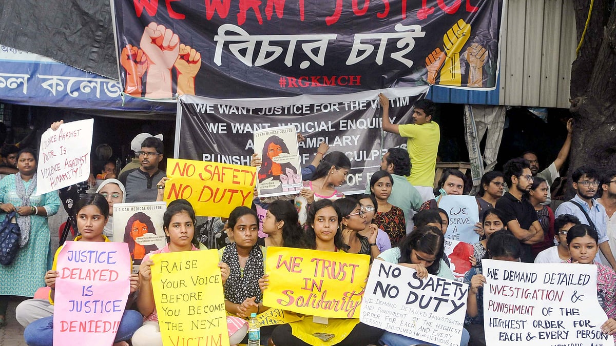 Junior doctors protest at R.G. Kar Medical College in Kolkata.