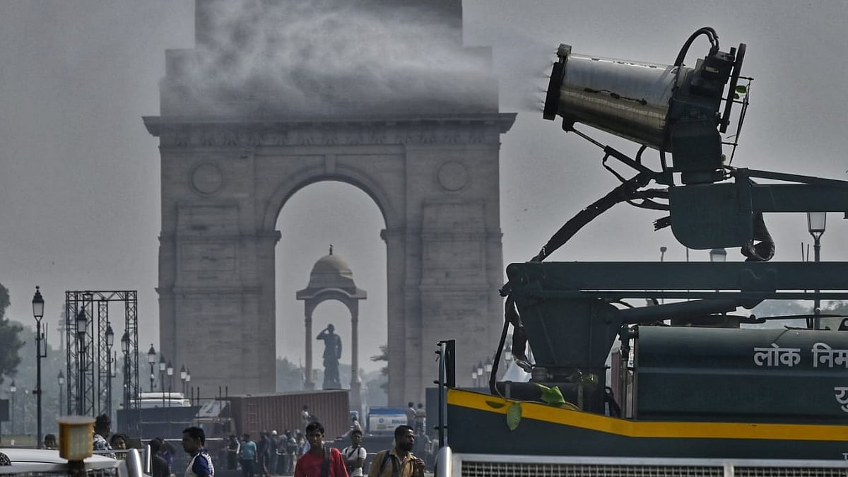 Smog gun in action as Delhi chokes under poor air quality.