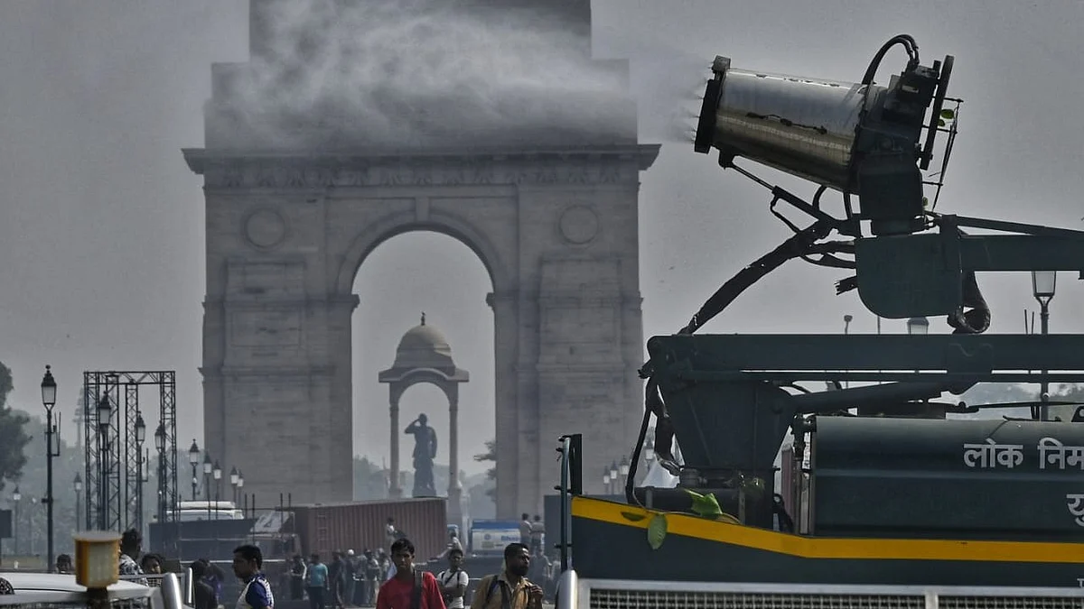 Smog gun in action as Delhi chokes under poor air quality.