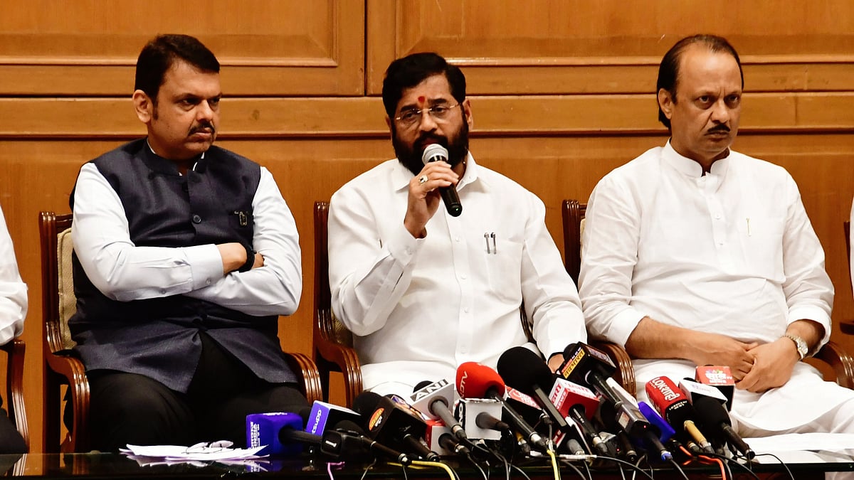 CM Devendra Fadnavis, with colleagues Eknath Shinde and Ajit Pawar 