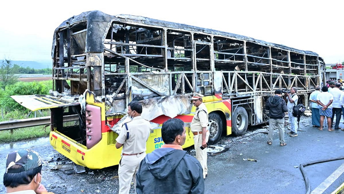 Charred wreckage of the private bus in Kurnool district following the tragic fire.