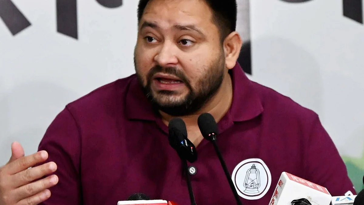 Tejashwi Yadav addresses a press conference in Patna on 22 October.