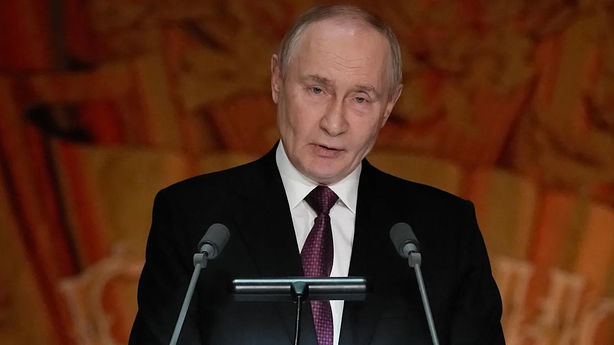 Vladimir Putin delivers a speech in Moscow.