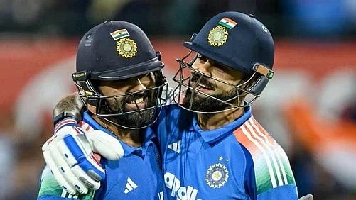 Rohit Sharma gets a hug from Virat Kohli on completing century in Sydney