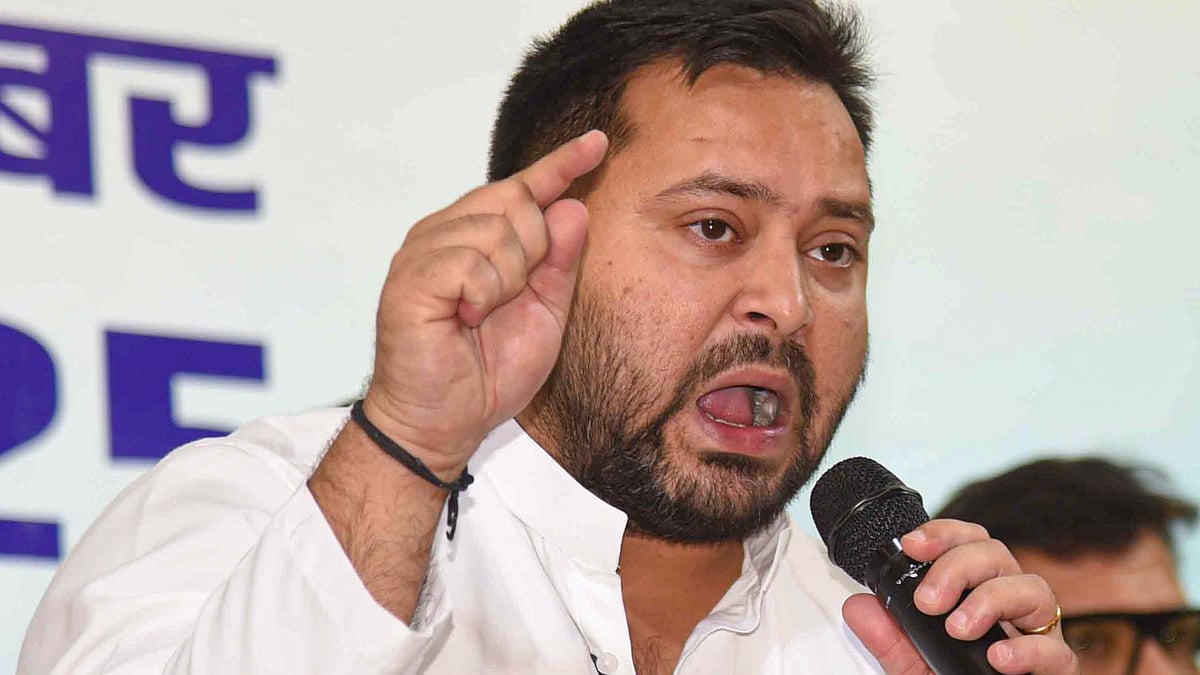 Tejashwi Yadav addresses INDIA bloc press conference in Patna.