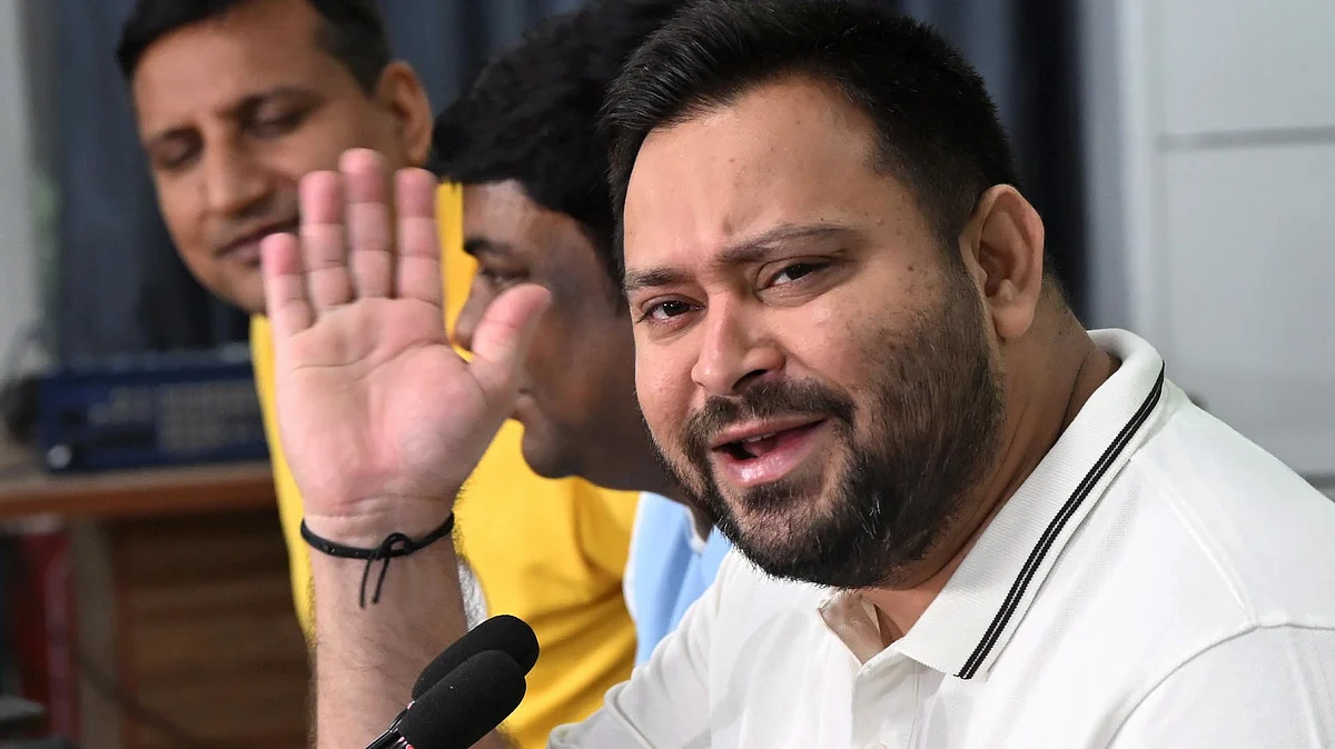 Tejashwi Yadav addresses a press conference in Patna on 26 October.