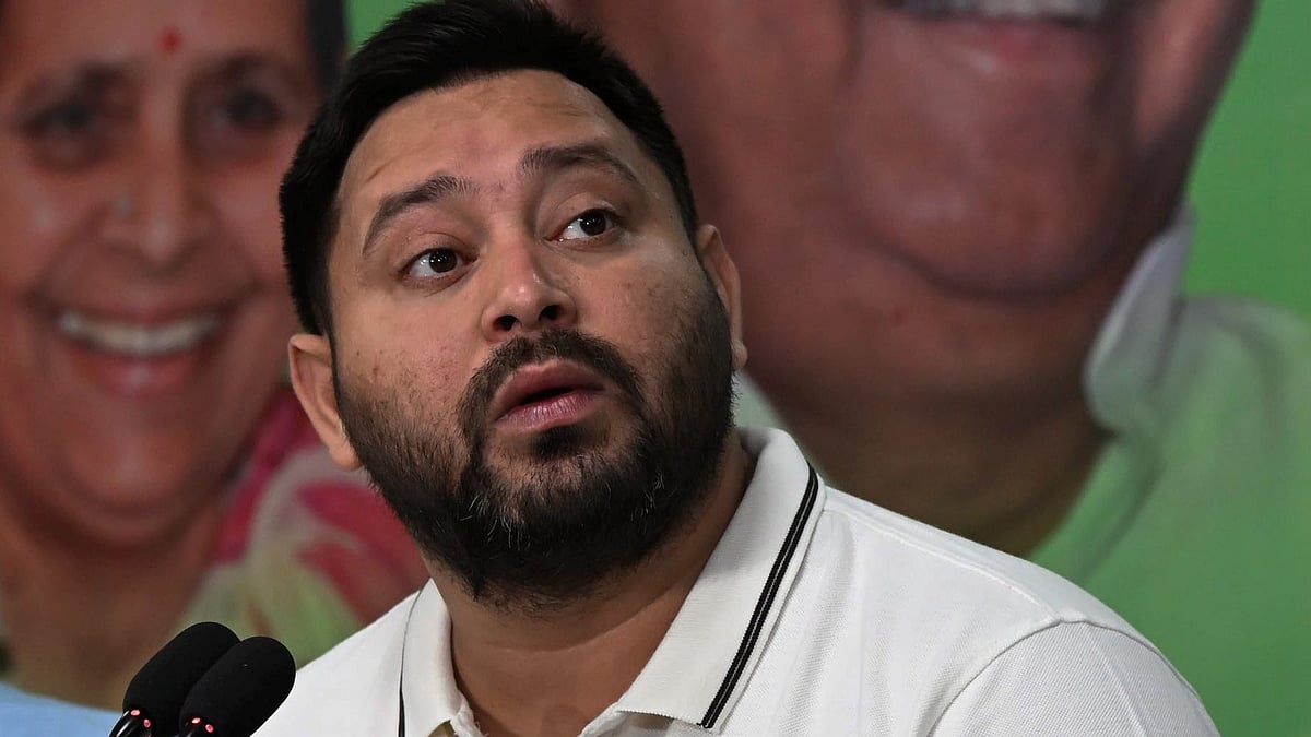 Tejashwi Yadav addresses a press conference in Patna.