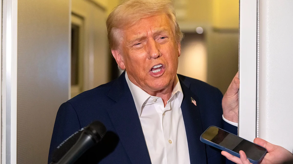 Donald Trump addresses reporters aboard Air Force One.