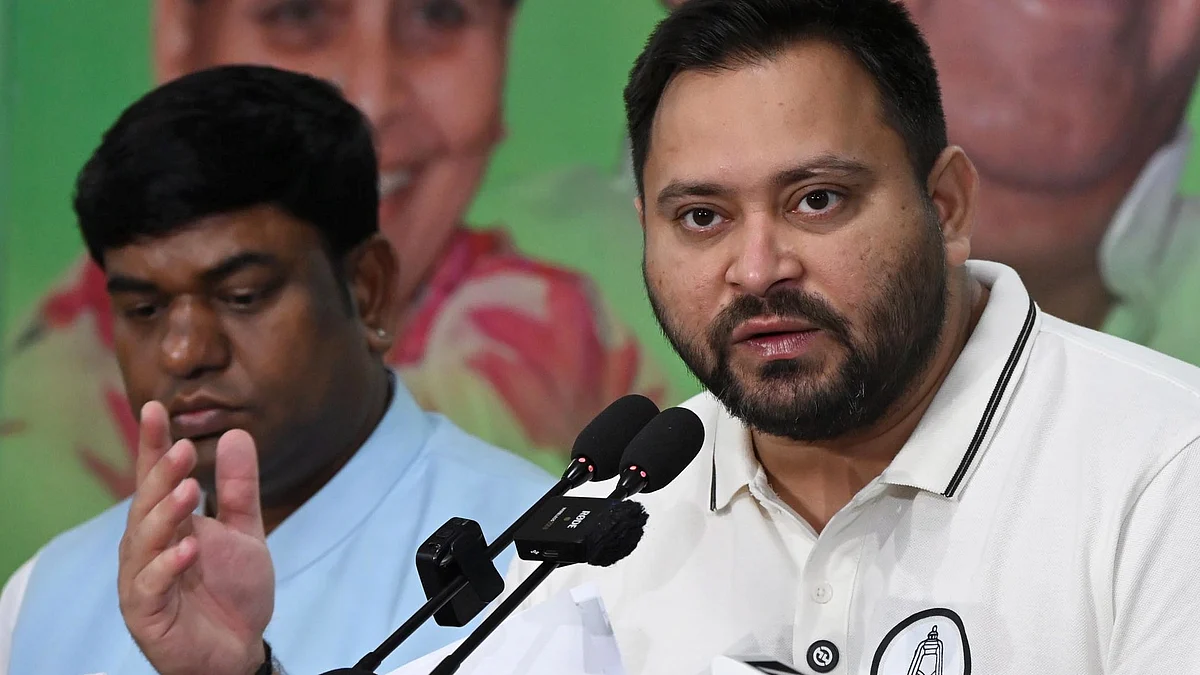Tejashwi Yadav addresses a press conference in Patna on 26 October.