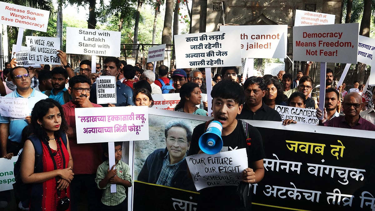 Protesters march demanding the release of climate activist Sonam Wangchuk