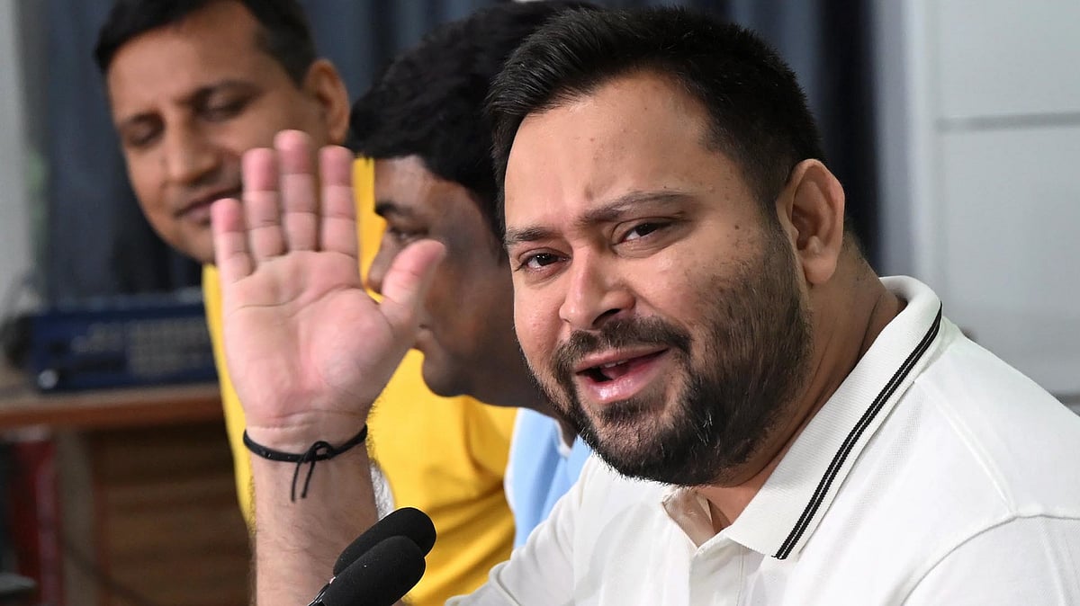 Tejashwi Yadav addresses a press conference in Patna.
