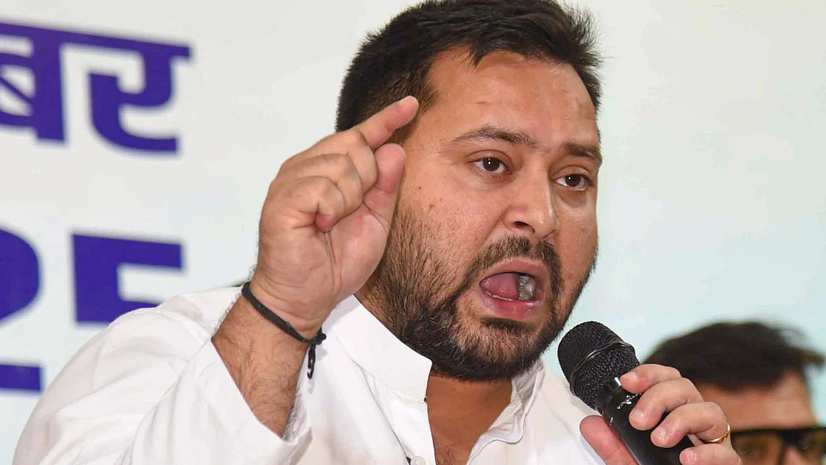 Tejashwi Yadav addresses INDIA bloc press conference in Patna.