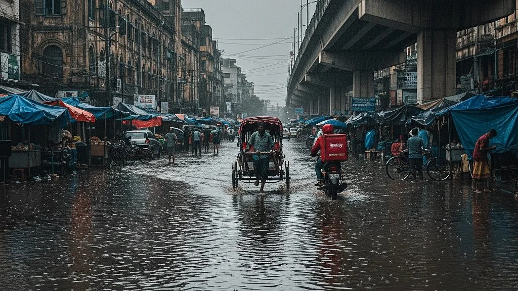 Commuters struggle through a waterlogged street as heavy rain lashes Kolkata.