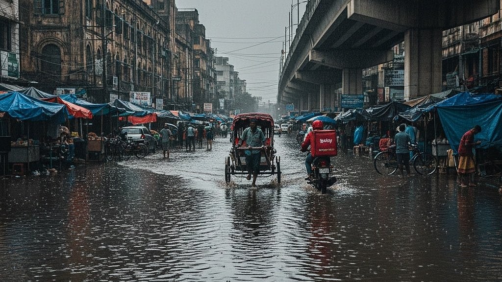 Commuters struggle through a waterlogged street as heavy rain lashes Kolkata.