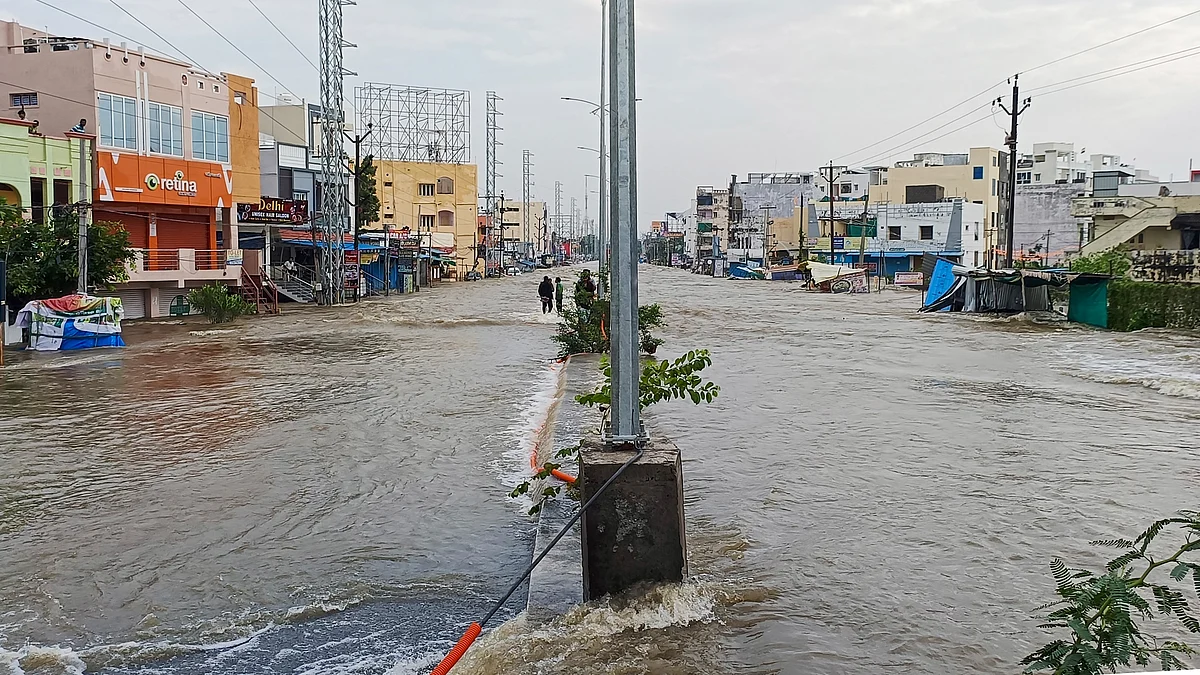 A waterlogged street in Warangal after heavy rains unleashed by Cyclone Montha.