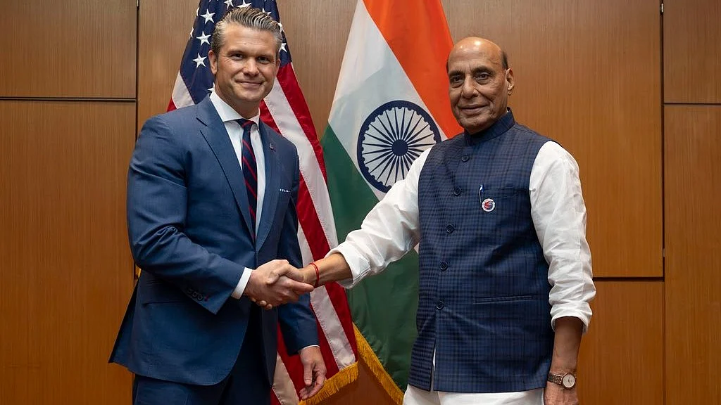 Defence minister Rajnath Singh and US defence secretary Peter Hegseth in Kuala Lumpur.