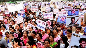 People protest in Guwahati demanding justice for Zubeen Garg.