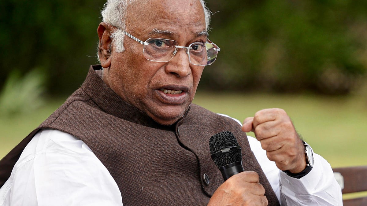 Mallikarjun Kharge addresses a press conference in New Delhi.