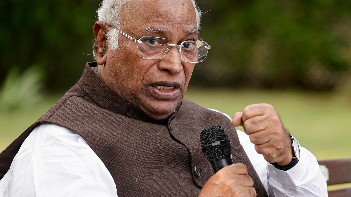Mallikarjun Kharge addresses a press conference in New Delhi.