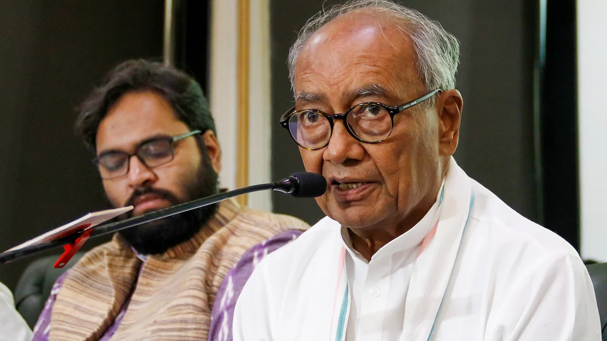 Digvijaya Singh addresses a press conference in New Delhi.