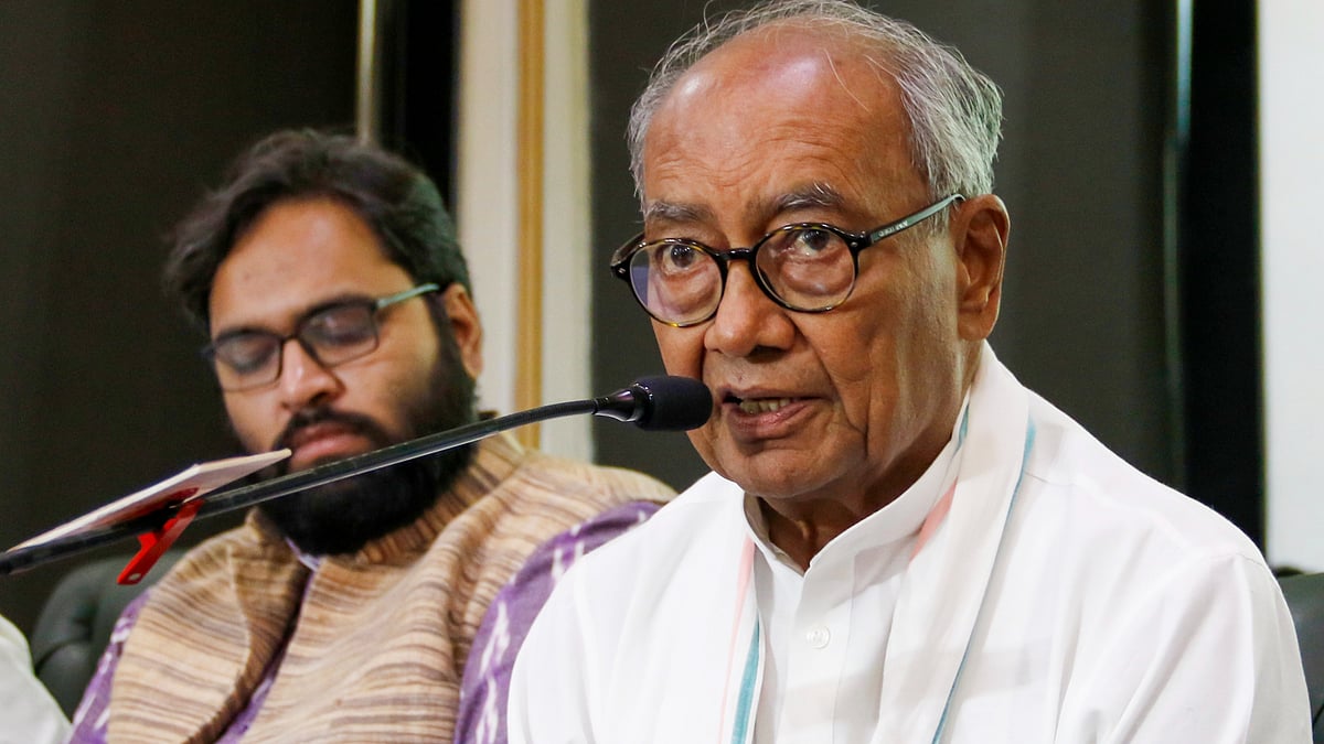 Digvijaya Singh addresses a press conference in New Delhi.
